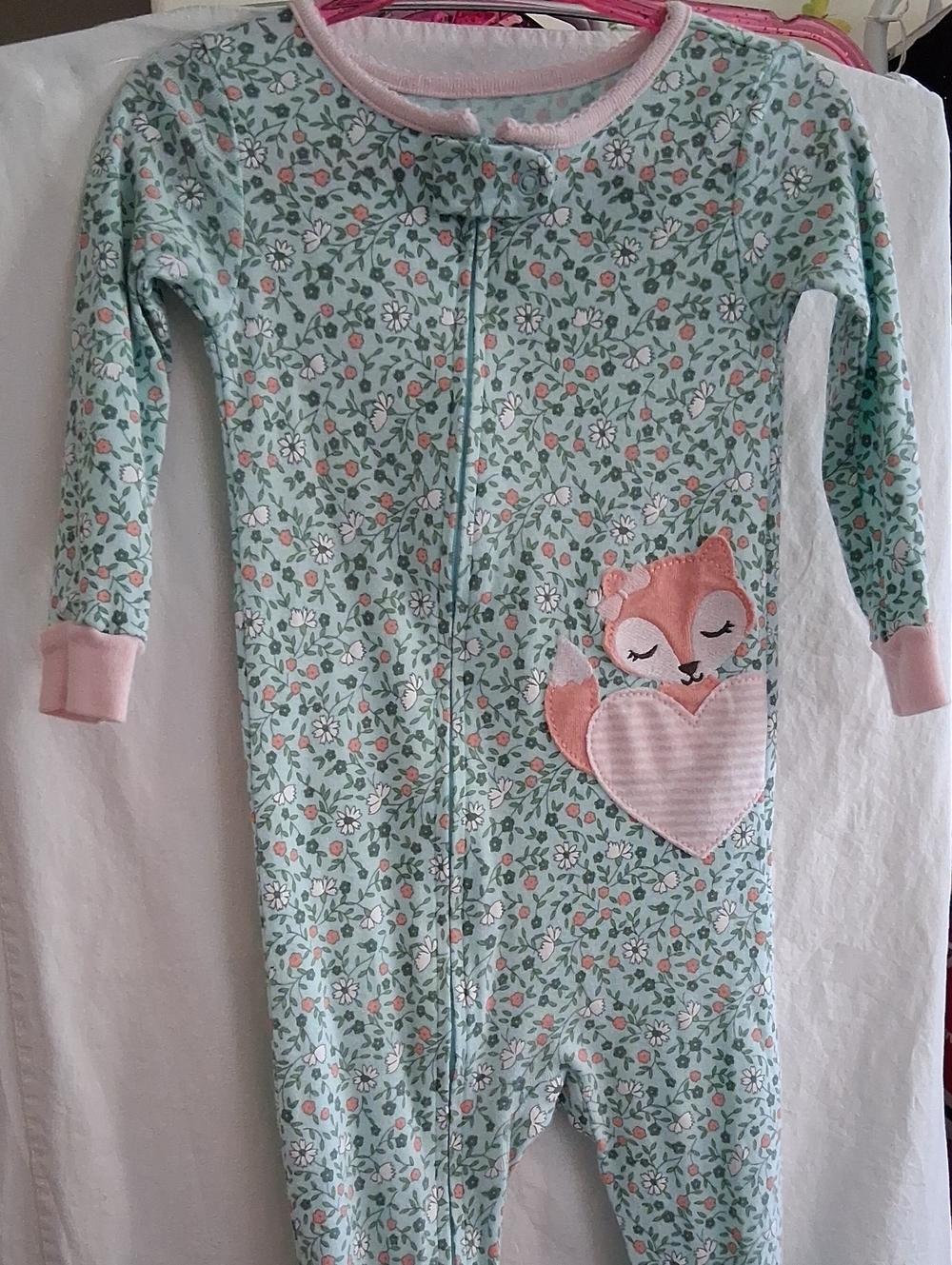 Carter's Mint Floral Fox Footed One-Piece with Pink Trim